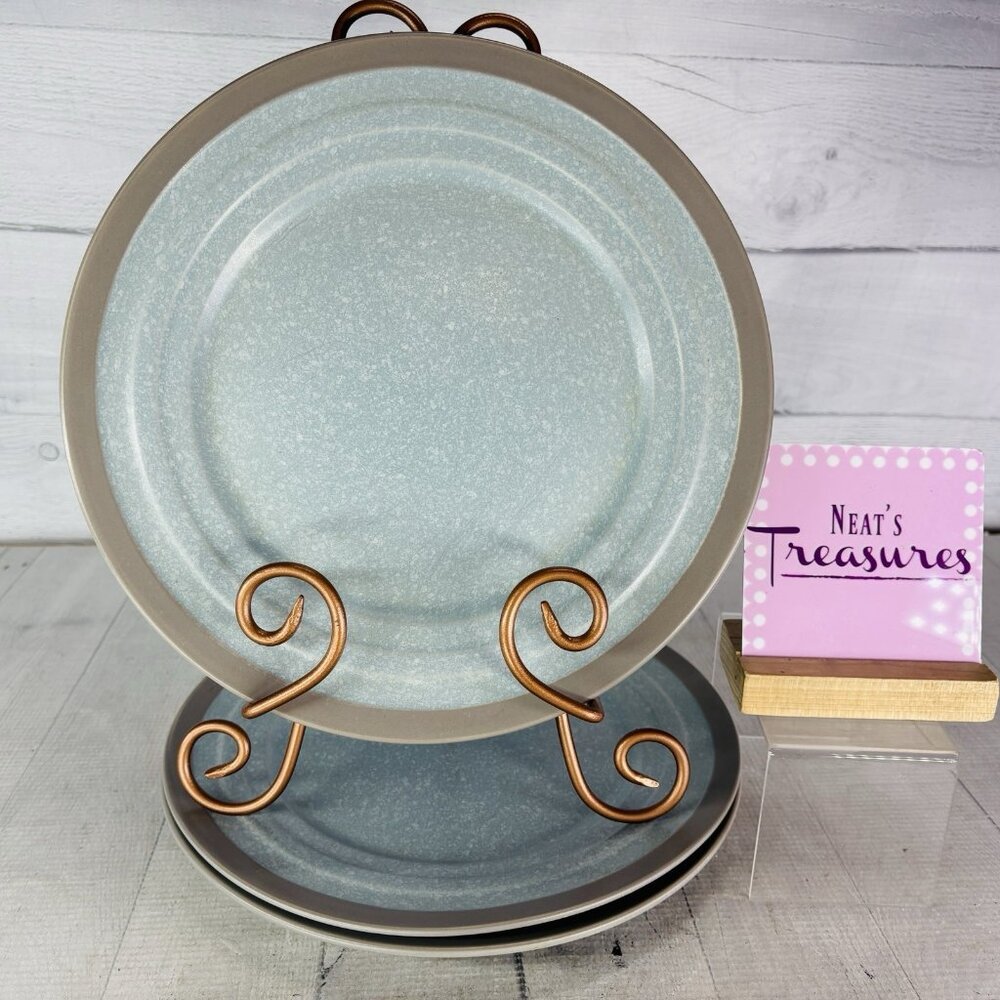 Baum Brothers HARPER Mist Blue Speckled Grey Band Embossed Dinner Plates Set 3